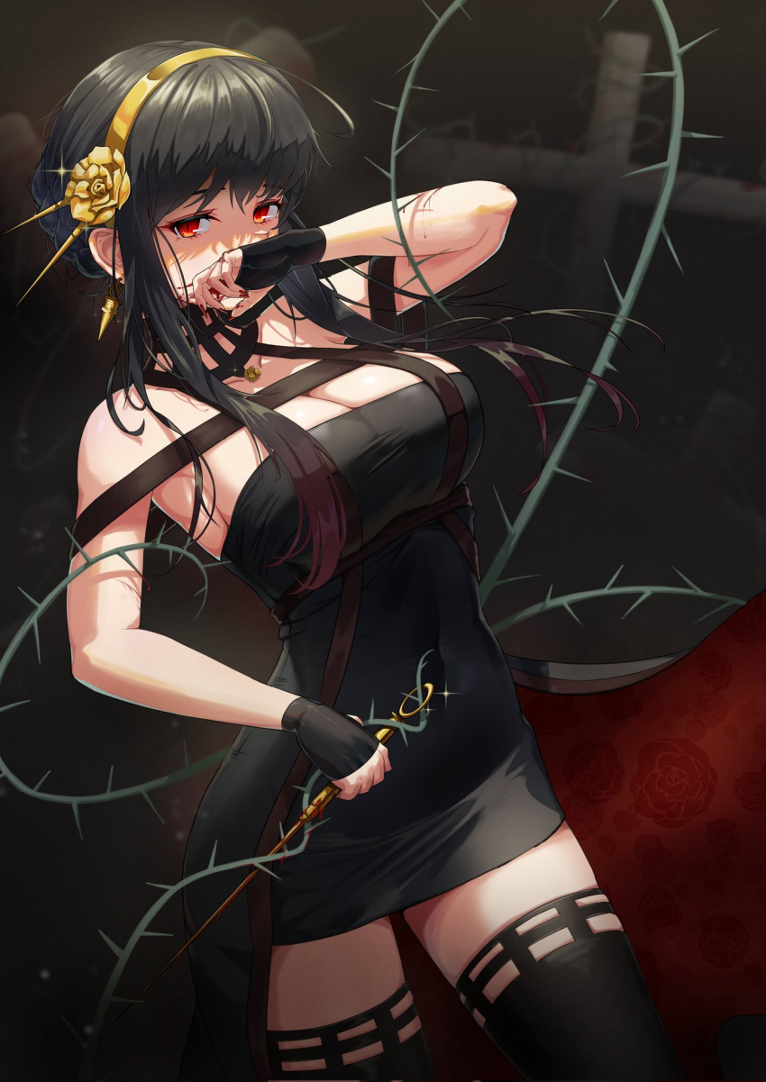 1girl, bangs, bare_shoulders, black_dress, black_gloves, black_hair, black_legwear, blood, blood_on_arm, blood_on_hands, blood_on_weapon, braid, braided_bun, breasts, covered_navel, cowboy_shot, cross, dagger, dress, dutch_angle, eyebrows_visible_through_hair, fingerless_gloves, floral_print, flower, glint, gloves, gold_hairband, hair_flower, hair_ornament, hand_to_own_mouth, highres, holding, holding_dagger, holding_weapon, knife, large_breasts, long_hair, looking_at_viewer, rank_alee, red_eyes, red_nails, reverse_grip, rose, rose_print, scratches, sidelocks, solo, spikes, spy_x_family, taut_clothes, taut_dress, thigh-highs, thighs, thorns, two-sided_dress, two-sided_fabric, weapon, yor_briar, zettai_ryouiki