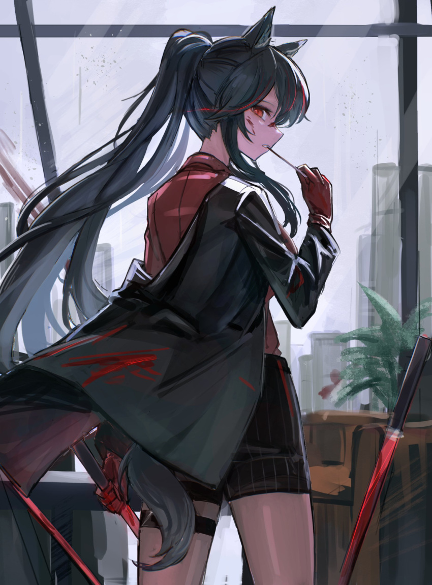 1girl, absurdres, angry, animal_ears, arknights, armchair, bangs, black_hair