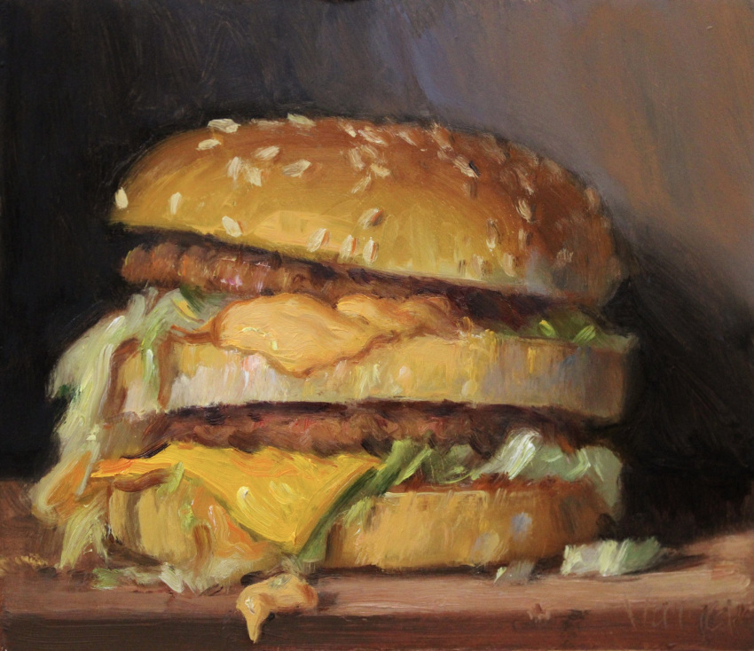 america, big_mac, burger, cheese, commentary, double-decker_hamburger_bun, double_bun, english_commentary, food, food_focus, highres, lettuce, mcdonald's, meat, no_humans, noahverrier, onion, pickle, sandwich, sesame_seeds, table, traditional_media