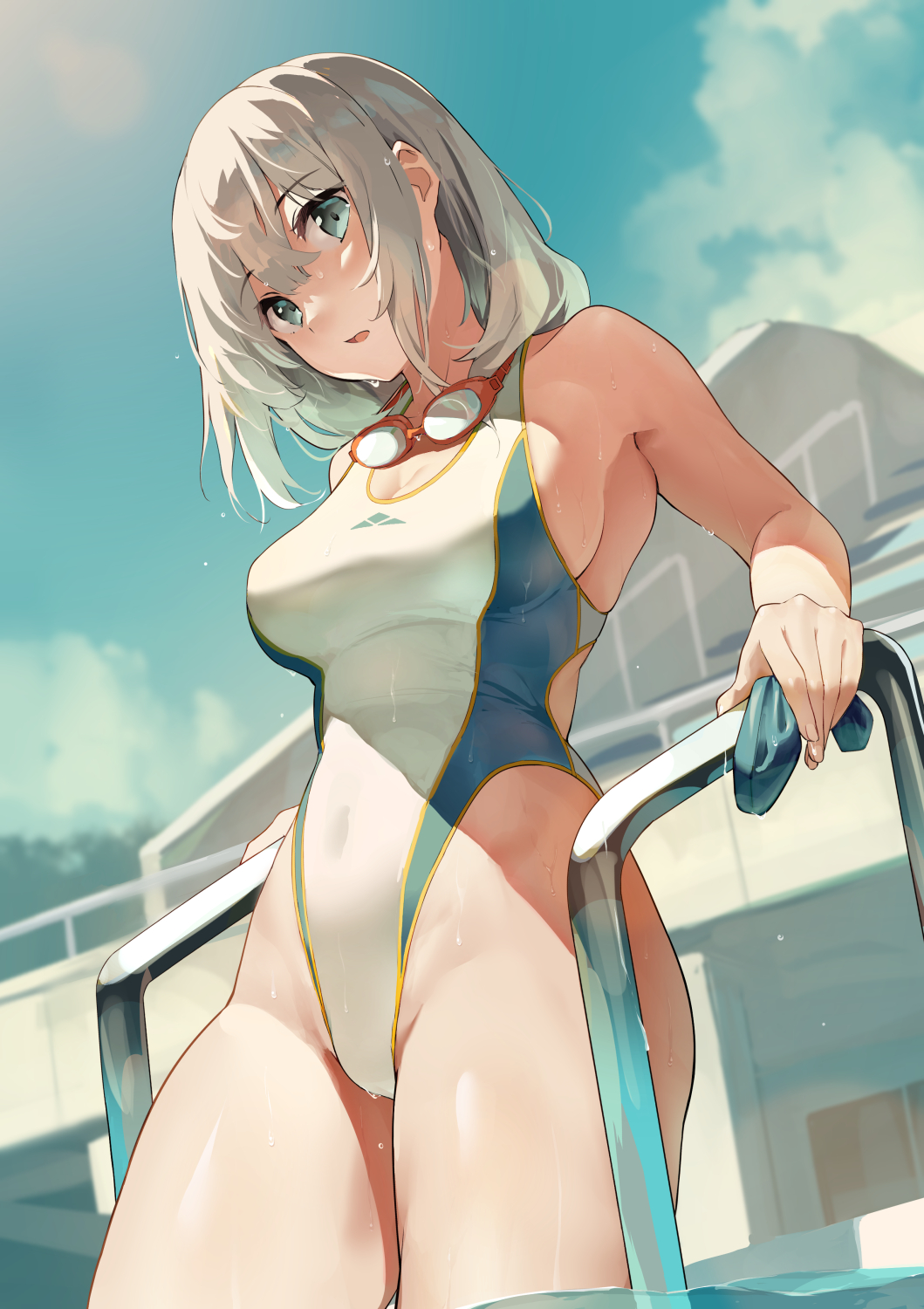 1girl, blue_eyes, blue_sky, breasts, clouds, commentary, competition_swimsuit, day, duplicate, eyebrows_visible_through_hair, eyewear_around_neck, hair_between_eyes, highleg, highleg_swimsuit, highres, kekemotsu, large_breasts, looking_at_viewer, one-piece_swimsuit, original, outdoors, pixel-perfect_duplicate, poolside, short_hair, sky, solo, swimsuit, symbol-only_commentary, thighs, wet, white_hair, white_swimsuit