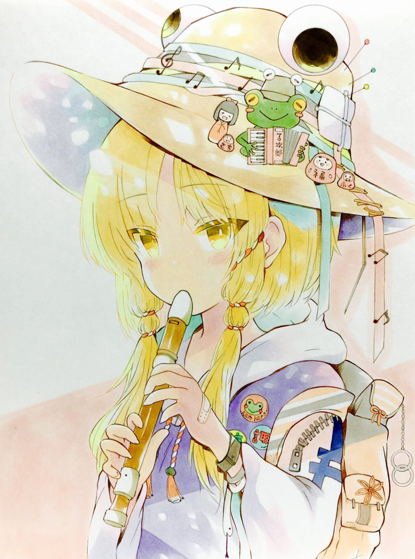 1girl, accordion, backpack, badge, bag, bandaid, bangs, beamed_eighth_notes