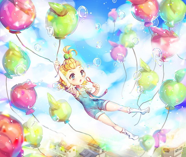 1girl, ahoge, apple_cookie, balloon, bangs_pinned_back, blonde_hair, blue_eyes, blush