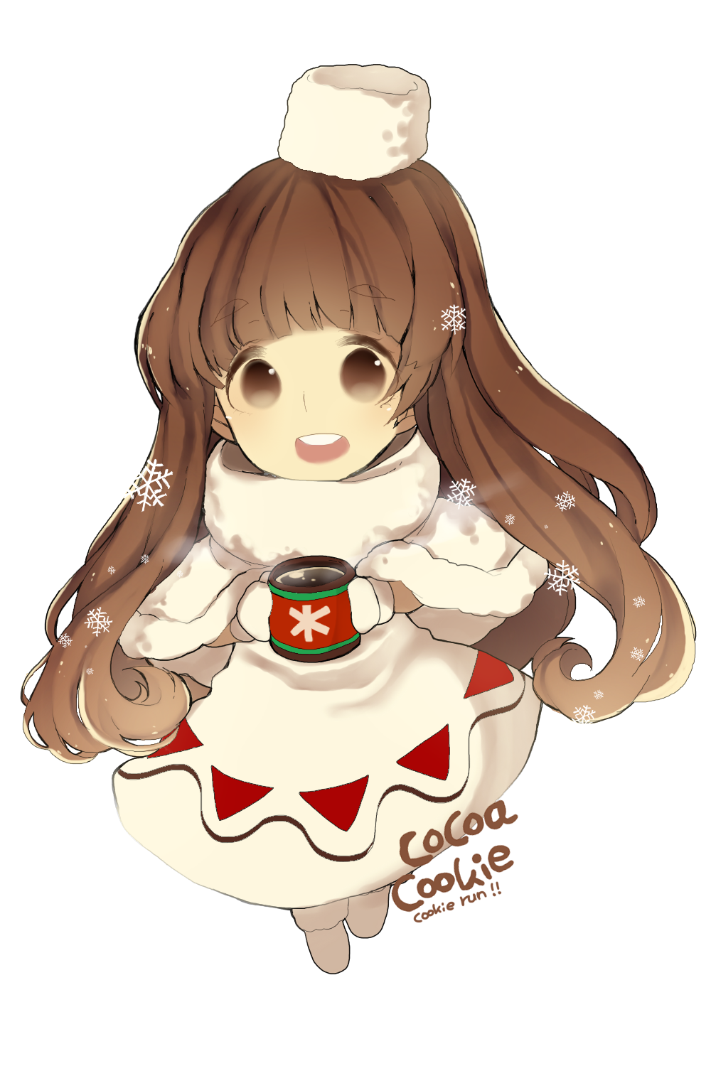 1girl, blush, brown_eyes, brown_hair, capelet, cocoa_cookie, cookie_run, dress, full_body, gloves, hat, highres, humanization, long_hair, long_sleeves, looking_at_viewer, open_mouth, personification, siyojin, solo, upper_body, winter_clothes