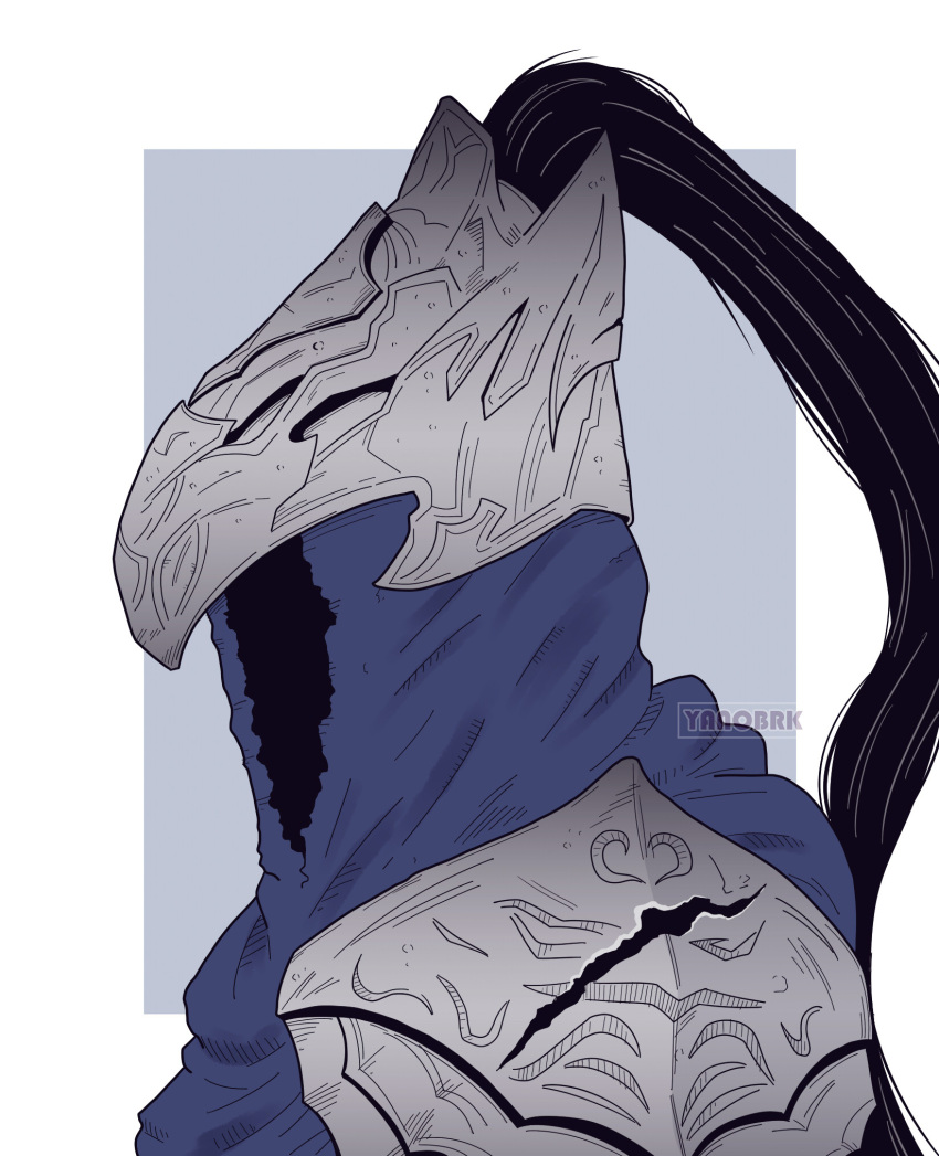 1boy, armor, artorias_the_abysswalker, border, dark_souls_(series), from_side, grey_background, helmet