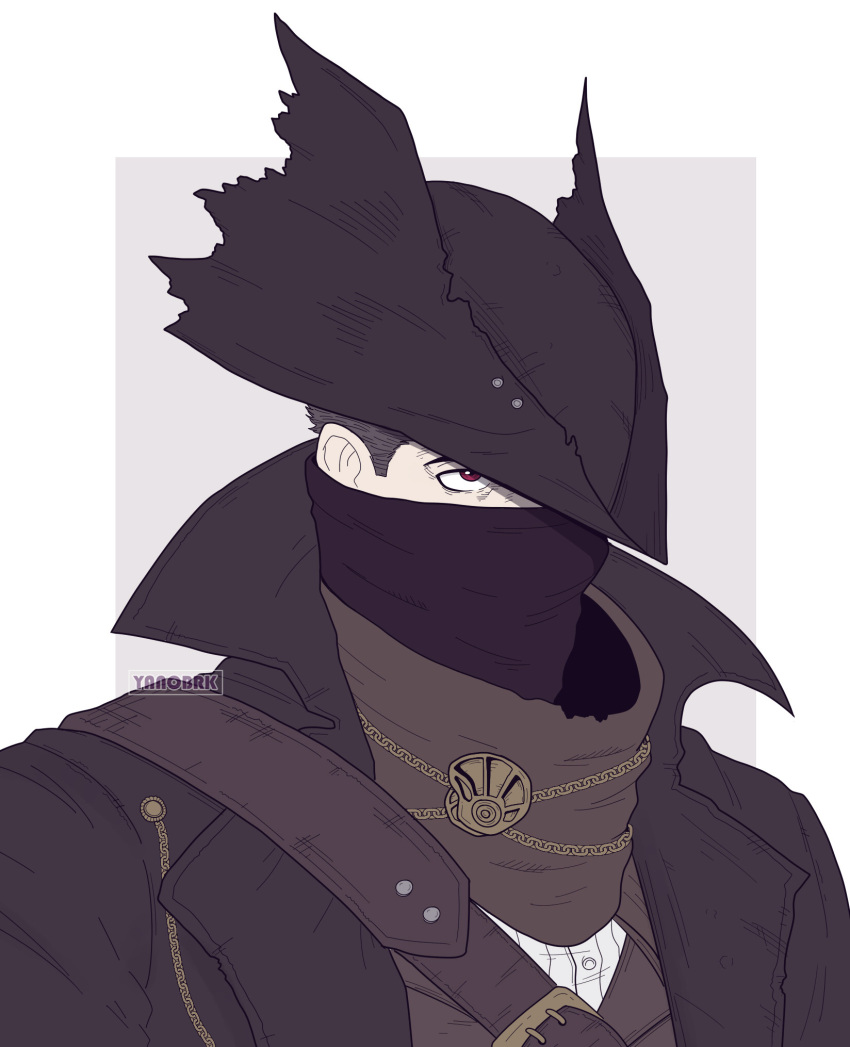 1boy, belt, black_coat, black_headwear, bloodborne, brown_hair, chest_belt, coat