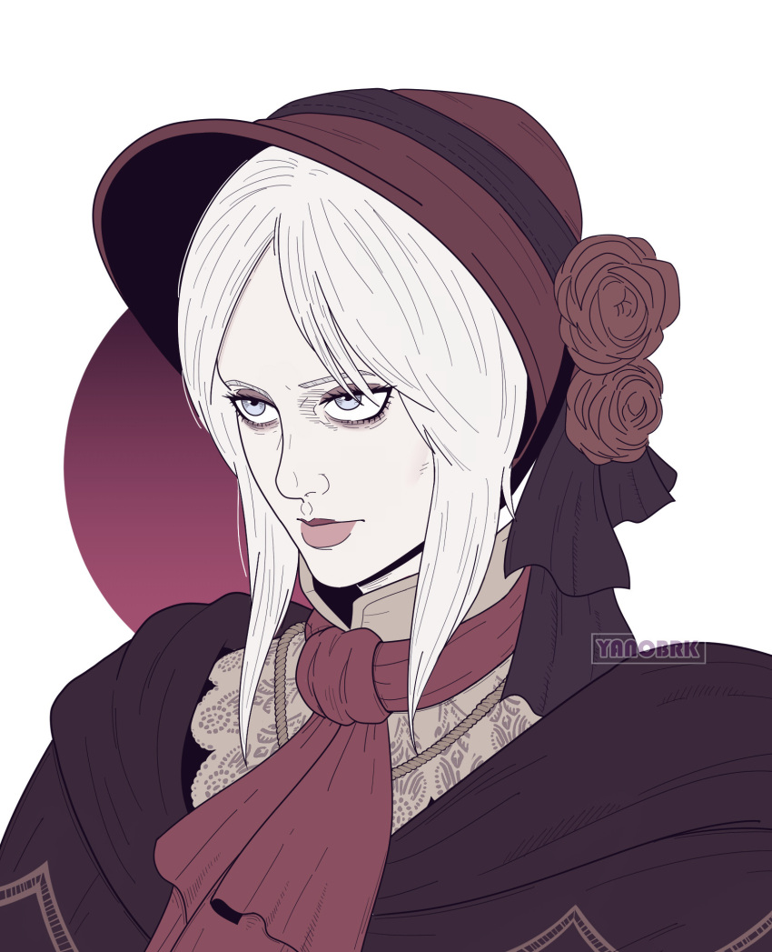 1girl, ascot, bloodborne, blue_eyes, bonnet, cloak, closed_mouth, highres