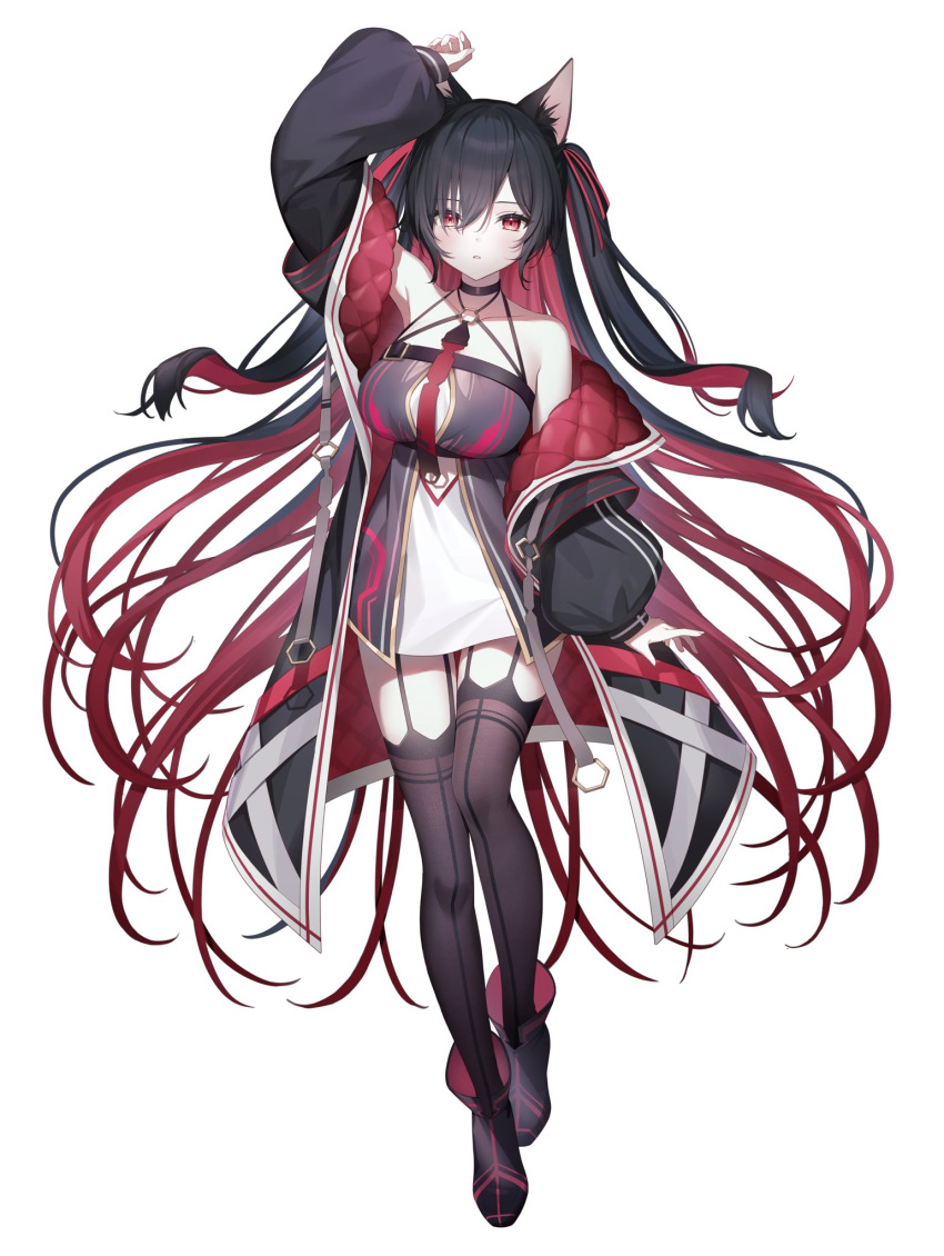 1girl, animal_ear_fluff, animal_ears, arm_up, bare_shoulders, belt_buckle, black_choker, black_coat