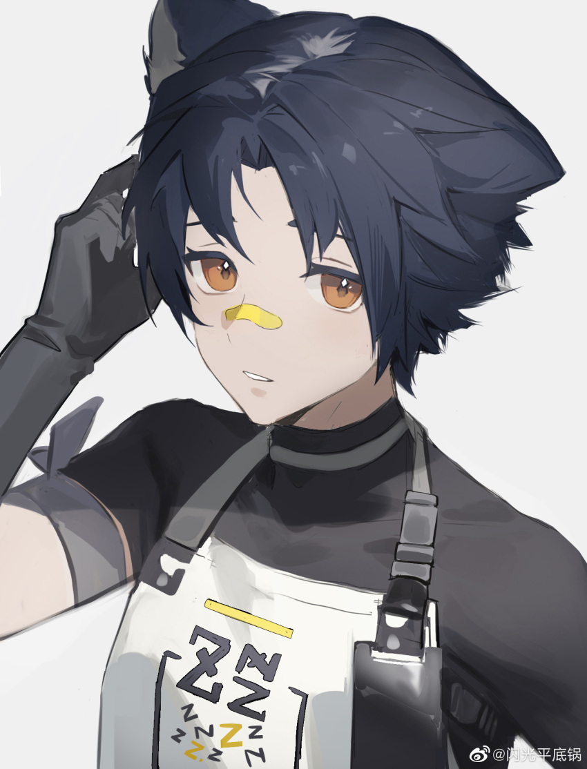 1boy, animal_ears, apron, arknights, armband, bandaid, bandaid_on_face, bandaid_on_nose