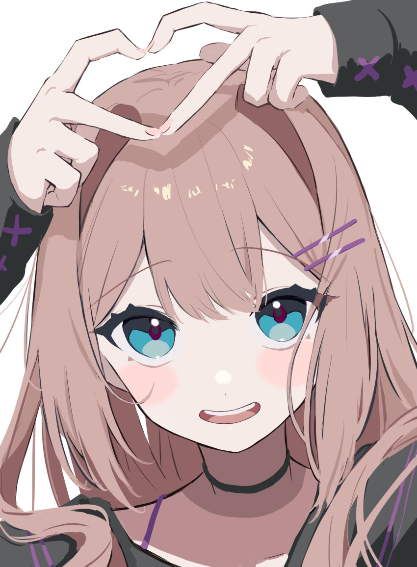 1girl, ahute, arms_up, bangs, blue_eyes, blush_stickers, brown_hair, choker