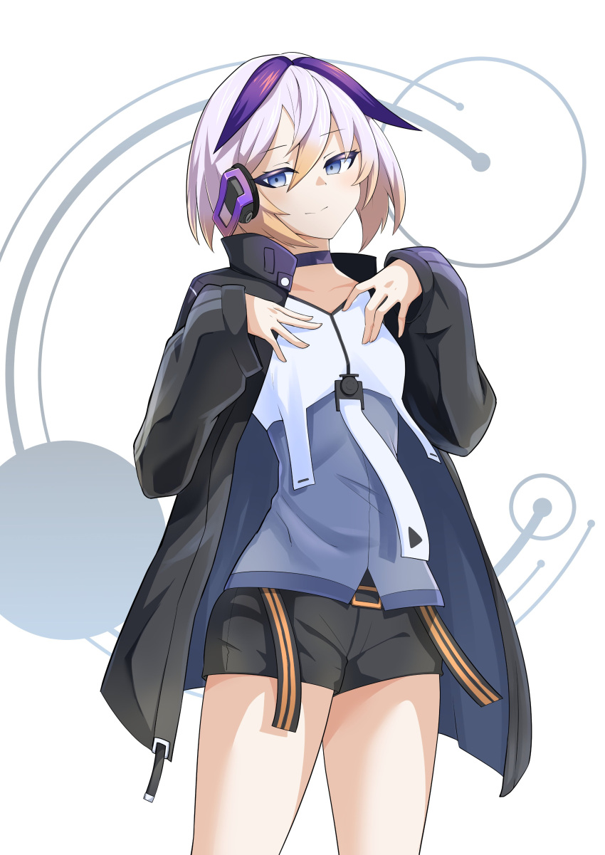 1girl, absurdres, antenna_hair, black_jacket, black_shorts, blue_eyes, cevio, choker