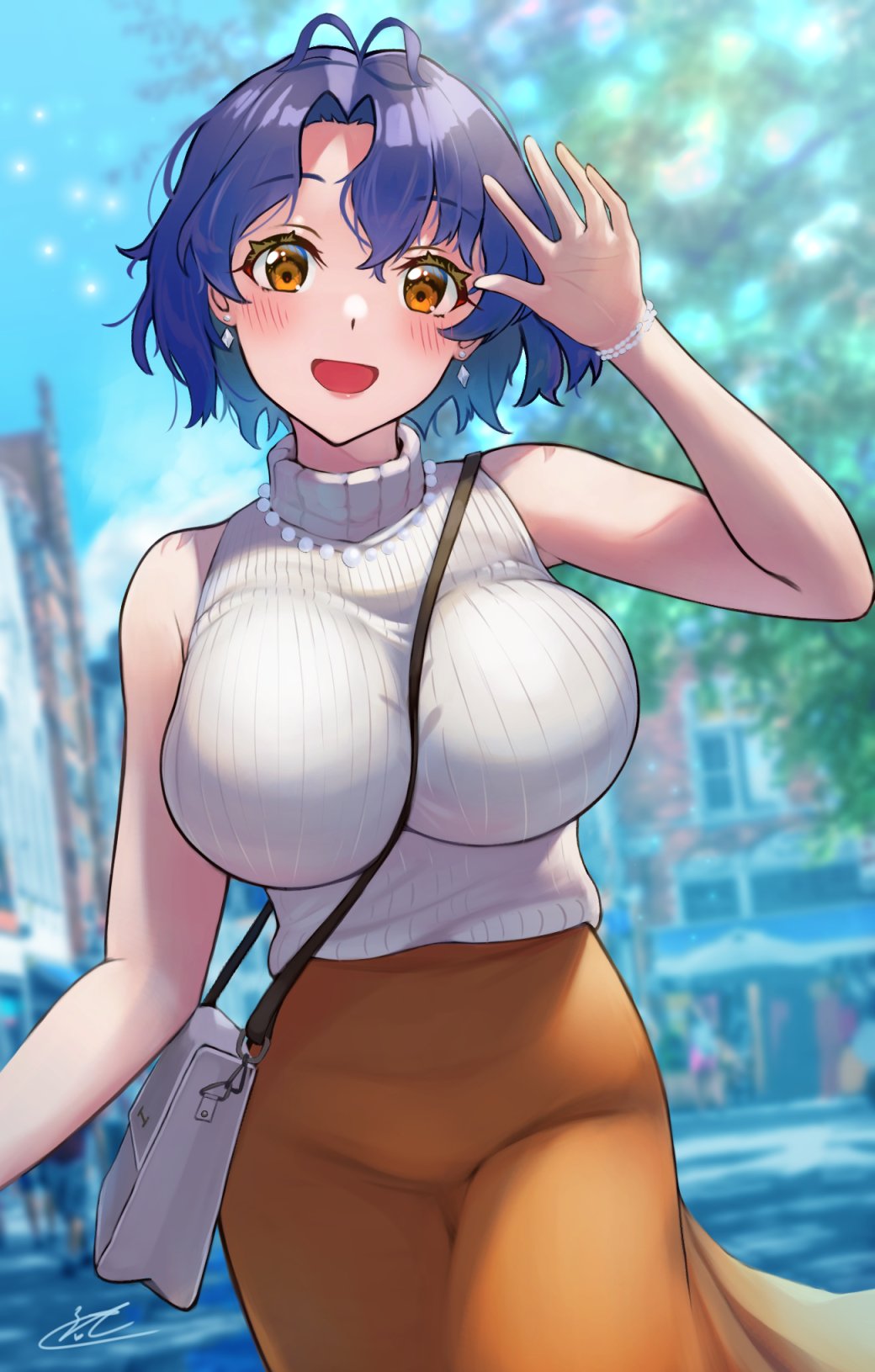 1girl, antenna_hair, bag, between_breasts, blue_hair, blurry, blurry_background, breasts