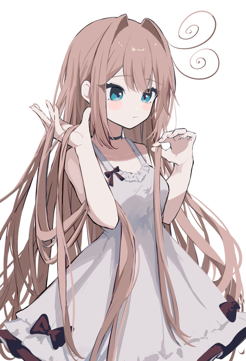 1girl, ahute, antenna_hair, bangs, blue_eyes, blush_stickers, bow, brown_hair