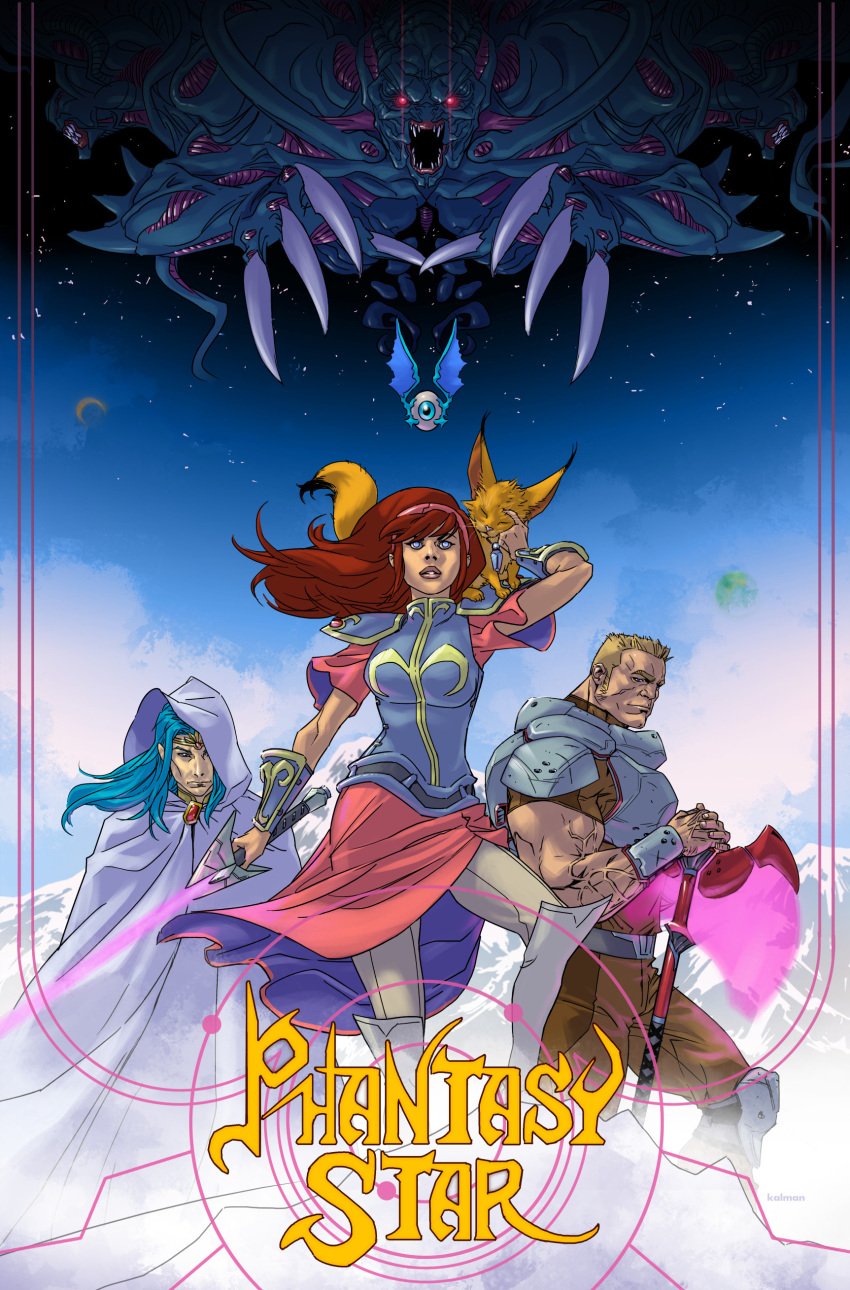 1girl, 3boys, absurdres, alien, alisa_landeel, armor, blonde_hair, blue_eyes