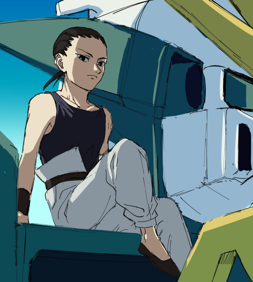 1boy, altron_gundam, black_eyes, black_hair, black_shirt, chang_wufei, full_body, gundam
