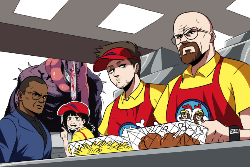 1girl, beard, black_hair, blood, breaking_bad, chainsaw_man, character_request, chicken_(food)