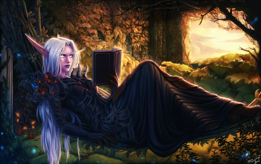 1girl, black_dress, book, closed_mouth, colored_skin, commission, dress, druid_(warcraft)