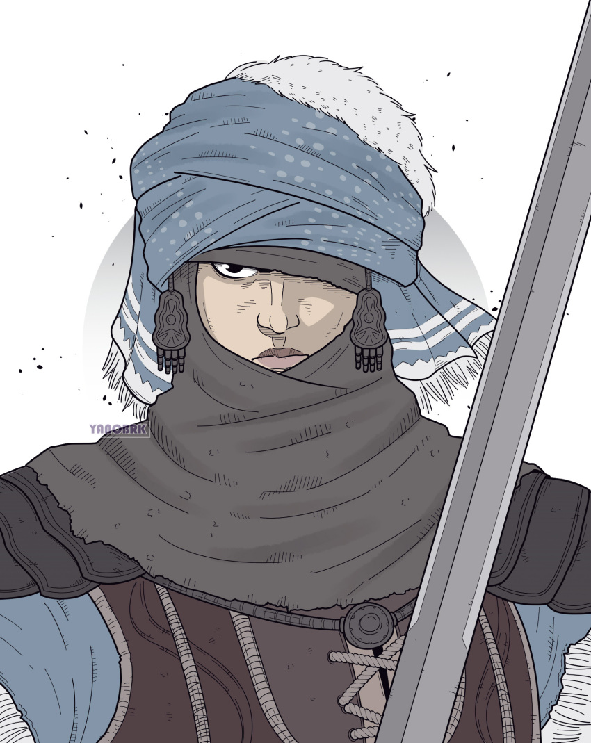 1boy, armor, artist_name, black_eyes, closed_mouth, elden_ring, highres, holding, holding_sword, holding_weapon, looking_at_viewer, male_focus, one_eye_covered, pauldrons, revision, shoulder_armor, solo, sword, tarnished_(elden_ring), turban, upper_body, warrior_(elden_ring), weapon, white_background, yanobrk