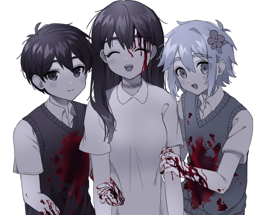 1girl, 2boys, :d, absurdres, bangs, basil_(omori), bleeding_from_forehead, blood