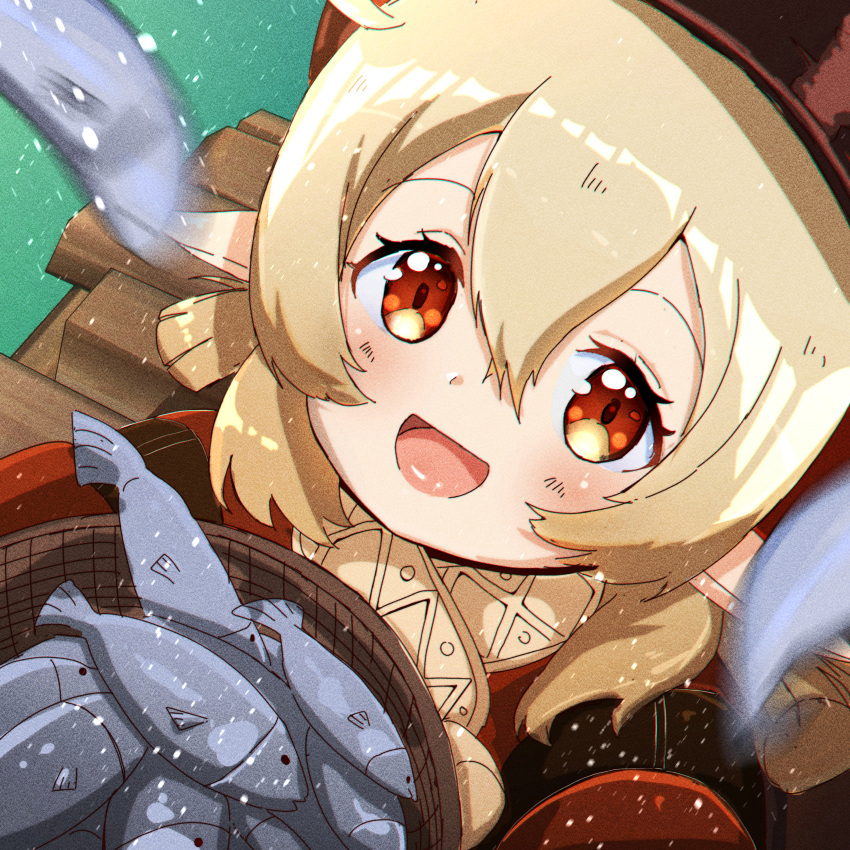 1girl, :d, absurdres, ahoge, bangs, basket, blurry, brown_scarf