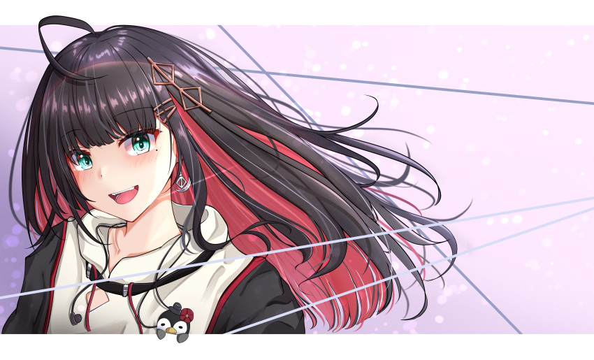 1girl, absurdres, ahoge, bangs, black_hair, blush, colored_inner_hair, earrings
