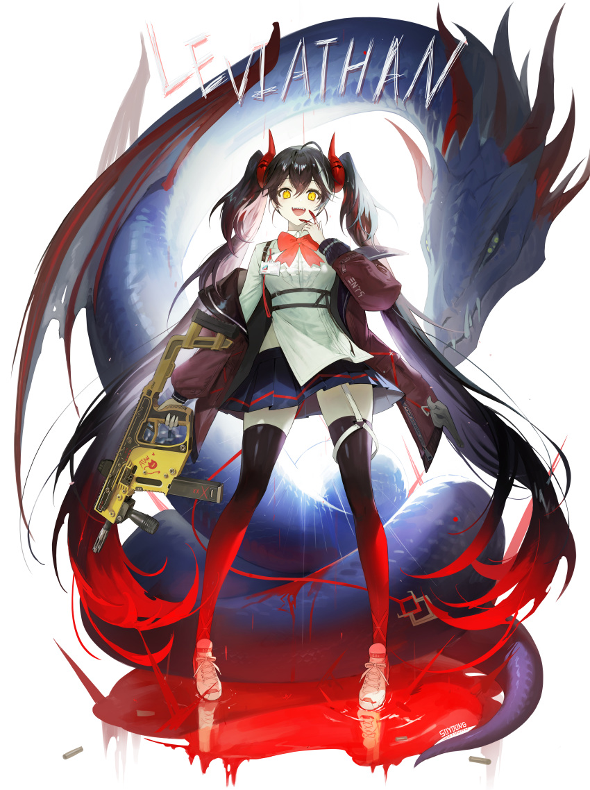 1girl, :d, absurdres, antenna_hair, bangs, black_hair, black_legwear, blood, blood_on_hands, blue_skirt, bow, bowtie, closed_mouth, coat, collared_shirt, english_text, eyebrows_visible_through_hair, fangs, fins, full_body, gun, hair_between_eyes, highres, holding, holding_gun, holding_weapon, horns, id_card, kriss_vector, long_hair, long_sleeves, looking_at_viewer, miniskirt, monster, multicolored_hair, open_clothes, open_coat, open_mouth, original, pleated_skirt, pool_of_blood, puffy_long_sleeves, puffy_sleeves, red_bow, red_bowtie, red_coat, red_horns, reflection, sea_monster, sharp_teeth, shirt, shoes, signature, skirt, skull, smile, sneakers, solo, soyoong_jun, spikes, standing, streaked_hair, submachine_gun, teeth, thigh-highs, triangle, twintails, upper_teeth, very_long_hair, weapon, white_footwear, white_hair, white_shirt, yellow_eyes, zipper, zipper_pull_tab