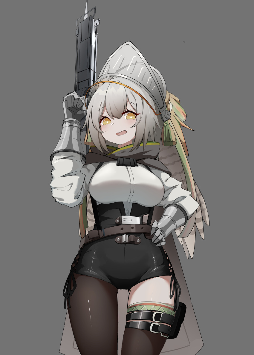 1girl, :d, absurdres, arknights, armor, asymmetrical_legwear, bangs, belt, black_ribbon, black_shorts, breasts, brown_belt, brown_cape, brown_legwear, cape, chinese_commentary, commentary_request, fartooth_(arknights), feather_hair, gauntlets, grey_background, grey_hair, helmet, high-waist_shorts, highres, huizhiyin, large_breasts, long_sleeves, looking_at_viewer, open_mouth, ribbon, shirt, shorts, side-tie_shorts, sidelocks, simple_background, single_leg_pantyhose, single_thighhigh, smile, solo, thigh-highs, thigh_gap, thigh_pouch, thigh_strap, uneven_legwear, white_shirt, yellow_eyes