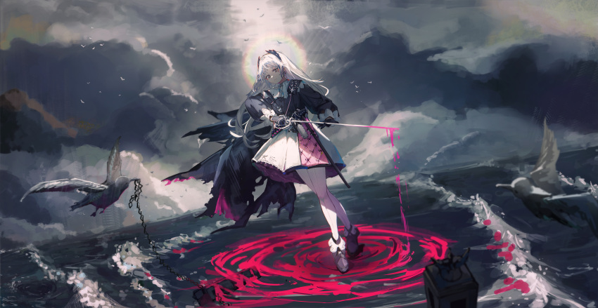 1girl, absurdres, arknights, bird, black_dress, black_footwear, black_gloves, boots, building, chain, clouds, cloudy_sky, crow, dress, earrings, full_body, gloves, grey_eyes, grey_sky, head_wings, highres, holding, holding_sword, holding_weapon, irene_(arknights), jewelry, lantern, long_sleeves, nobana_(nobanakk), pantyhose, rapier, scar, scar_across_eye, sky, skyscraper, solo, sun_halo, sword, two-tone_dress, walking, walking_on_liquid, water, waves, weapon, white_background, white_dress, white_legwear