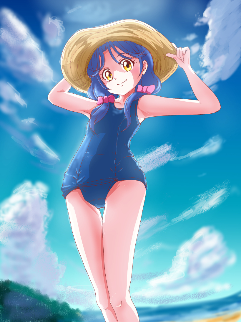 1girl, beach, blue_sky, blue_swimsuit, brown_eyes, covered_navel, cowboy_shot, day