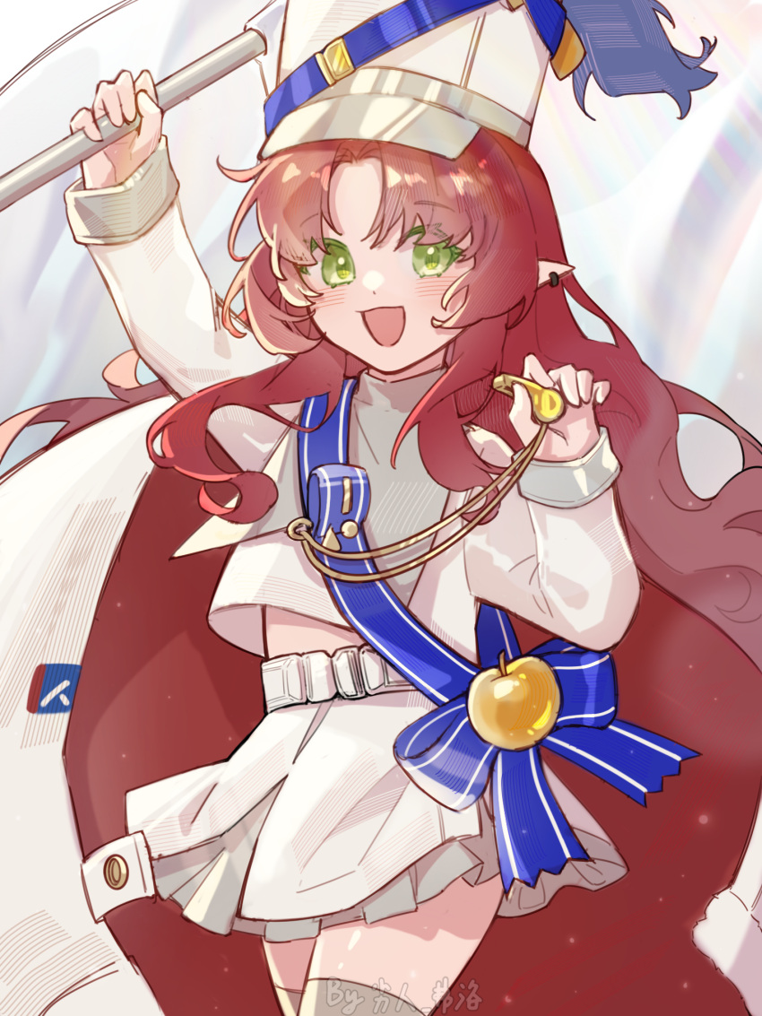 1girl, :d, apple, arknights, artist_name, blue_bow, blush, bow