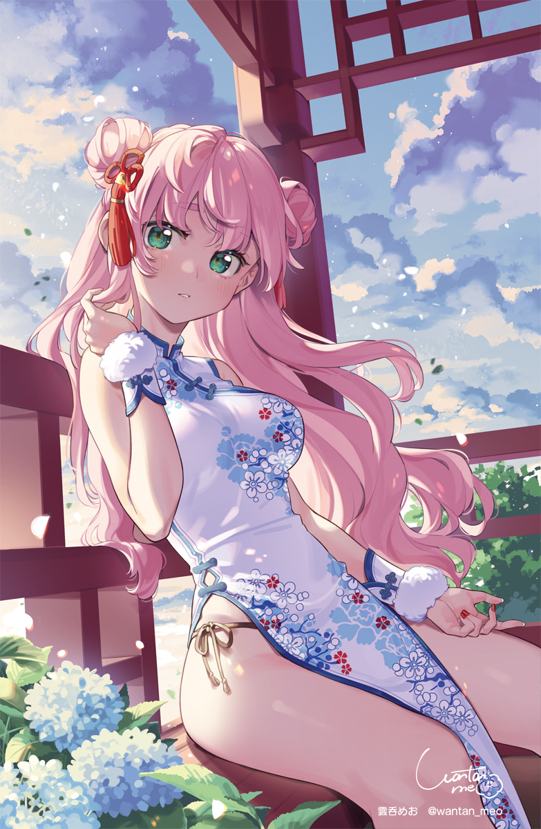 1girl, ass_visible_through_thighs, bangs, bare_arms, bare_legs, bare_shoulders, blue_flower, blush