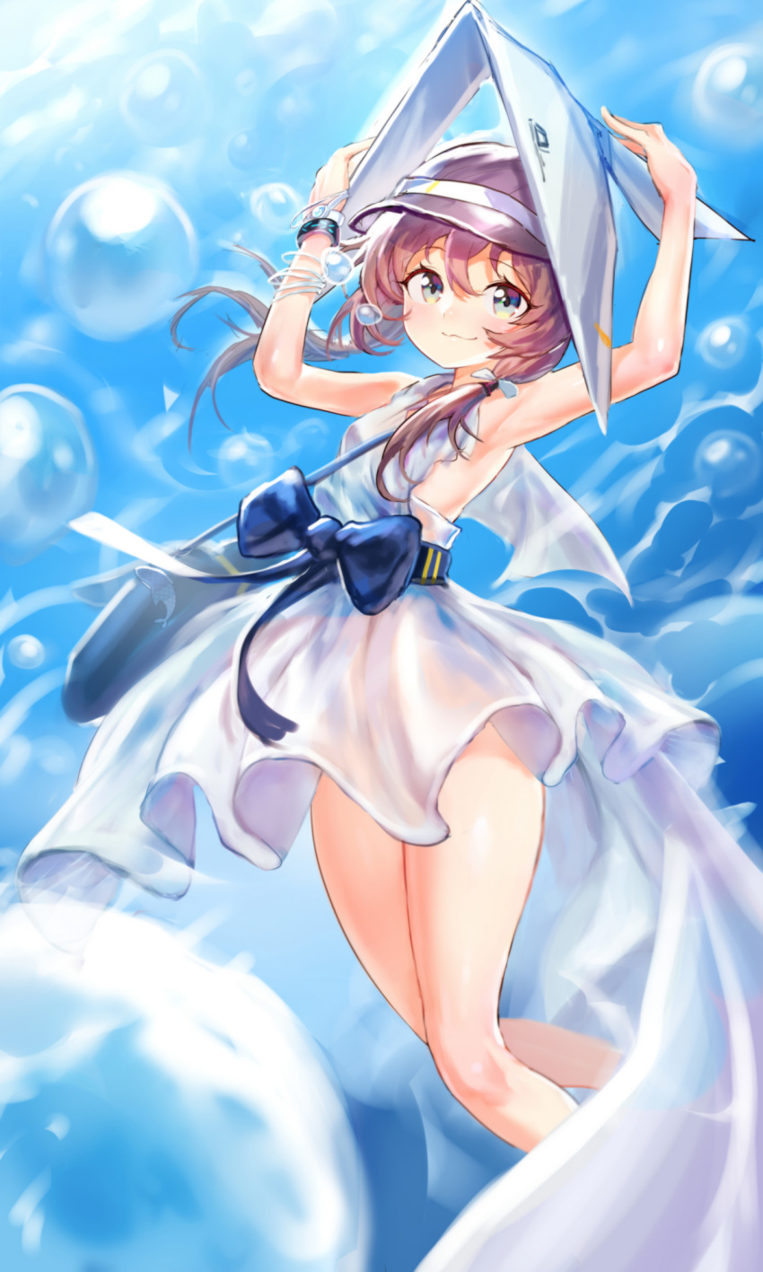 1girl, arknights, armpits, backless_dress, backless_outfit, bad_leg, bag, bangs, belt_bow, blue_bow, blue_sky, bow, bracelet, bubble, chromatic_aberration, dress, eyebrows_visible_through_hair, flying, hair_between_eyes, hands_on_headwear, hands_up, hat, highres, infection_monitor_(arknights), jell_(jell_y_fish), jewelry, light_blush, long_hair, looking_at_viewer, low_twintails, messenger_bag, multicolored_eyes, ocean, purestream_(arknights), redhead, see-through, see-through_dress, shoulder_bag, sky, smile, solo, twintails