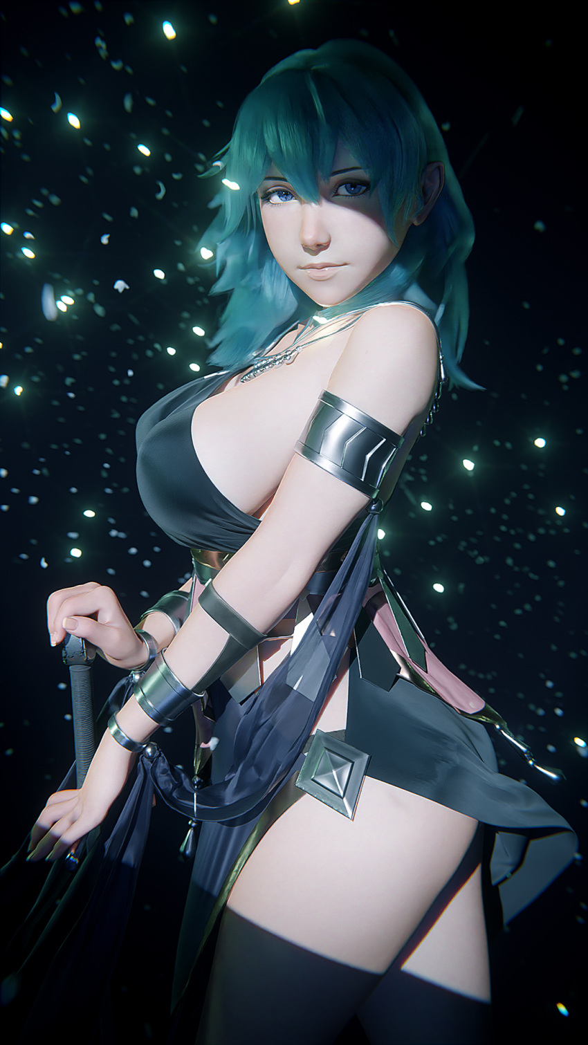 1girl, 3d, armlet, blender_(medium), blue_hair, bracelet, breasts, byleth_(fire_emblem)