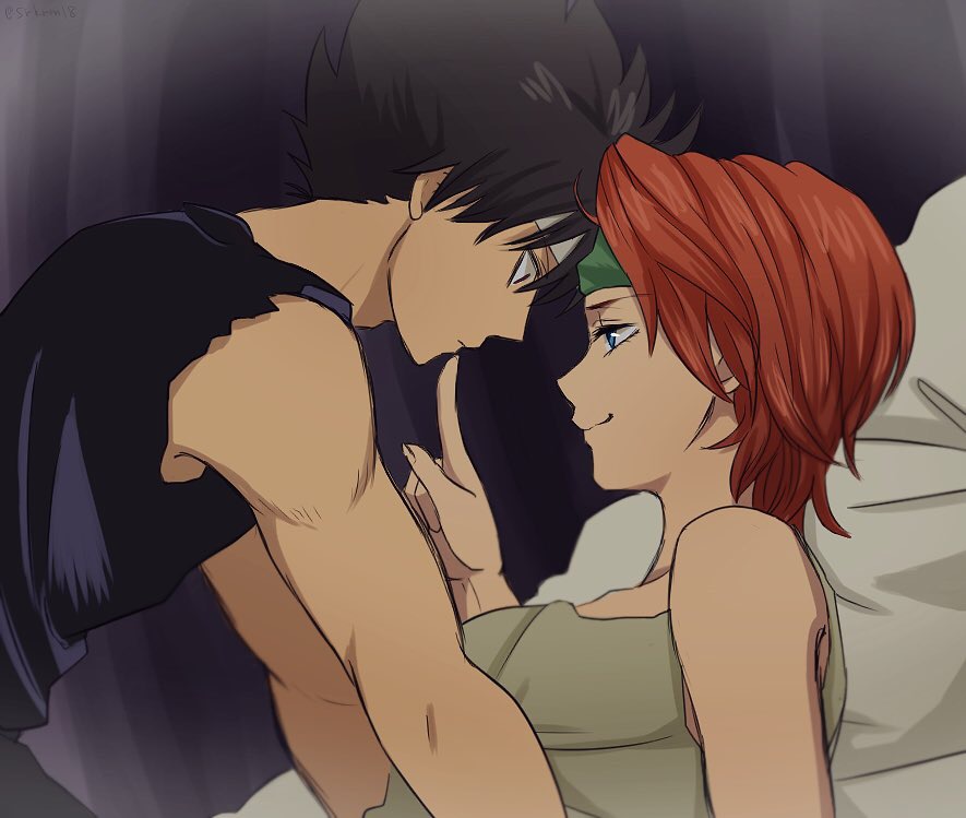 beni_(karen5915), black_hair, black_shirt, blue_eyes, couple, eye_contact, green_shirt, headband