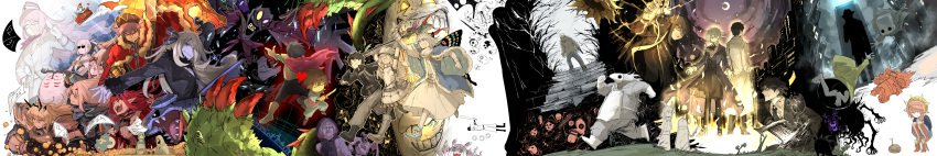 >:), 6+boys, 6+girls, absurdres, ambiguous_gender, angela_(project_moon), angry, animal_costume, antlers, arm_up, armor, artoria_caster_(fate), artoria_pendragon_(fate), ayin_(project_moon), bare_tree, barefoot, beast, black_hair, blonde_hair, boots, braid, breaking, cape, character_request, charizard, christopher_columbus_(fate), cloak, commentary, copyright_request, crescent_moon, crown, cynthia_(pokemon), dated, deltarune, dress, duel_masters, empty_eyes, fairy_knight_gawain_(fate), fairy_knight_lancelot_(fate), fairy_knight_tristan_(fate), fate/grand_order, fate_(series), finger_gun, flowey_(undertale), foreshortening, frisk_(undertale), fujimaru_ritsuka_(male), full_body, fur_trim, garchomp, grey_hair, gun, hair_ornament, hands_on_own_knees, hat, head_down, heterochromia, high_heels, highres, holding, holding_gun, holding_knife, holding_sword, holding_weapon, hood, hooded_jacket, jacket, jewelry, kan_(aaaaari35), knife, koyanskaya_(fate), kris_(dark_world)_(deltarune), kris_(deltarune), labcoat, leon_(pokemon), library_of_ruina, light, light_blue_eyes, light_blue_hair, limbus_company, little_nightmares, little_nightmares_ii, long_hair, looking_at_another, magic, mask, mono_(little_nightmares), moon, morgan_le_fay_(fate), multiple_boys, multiple_girls, munchlax, neon_trim, night, oberon_(fate), off_(game), open_mouth, outstretched_arm, pages, parted_lips, photoshop_flowey, pink_eyes, pink_hair, pokemon, potato, project_moon, purple_hair, reindeer_antlers, reindeer_costume, ring, roland_(library_of_ruina), running, santa_costume, santa_hat, serious, shaded_face, sharp_teeth, short_hair, sideways, six_(little_nightmares), sled, smile, spamton_g._spamton, spamton_neo, squatting, stairs, star_(sky), summoning, sunglasses, sword, tamamo_(fate), teeth, the_batter_(off), tree, undertale, v-shaped_eyebrows, van_gogh_(fate), vergilius_(project_moon), weapon, white_hair, wide_image, yellow_eyes