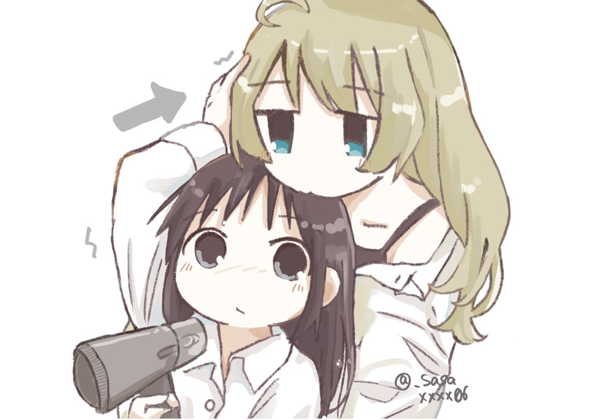 2girls, arrow_(symbol), black_eyes, black_hair, blonde_hair, blue_eyes, blush, chito_(shoujo_shuumatsu_ryokou), closed_mouth, hair_dryer, head_on_head, head_rest, highres, long_hair, looking_at_another, multiple_girls, sasaxxxx06, shirt, shoujo_shuumatsu_ryokou, signature, wardrobe_malfunction, white_background, white_shirt, yuri, yuuri_(shoujo_shuumatsu_ryokou)
