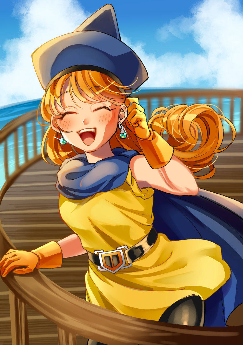 1girl, absurdres, alena_(dq4), atarime_(atarimemakaron), blush, breasts, cape, closed_eyes, clouds, curly_hair, dragon_quest, dragon_quest_iv, dress, earrings, gloves, hat, highres, jewelry, long_hair, open_mouth, orange_hair, pantyhose, skirt, smile, solo