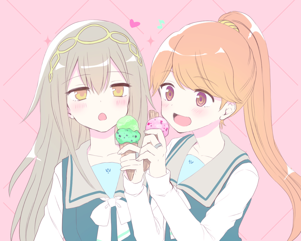 2girls, commentary_request, food, grey_hair, ice_cream, kanechitomoyo, kirari_hikaru, kureha_yuna