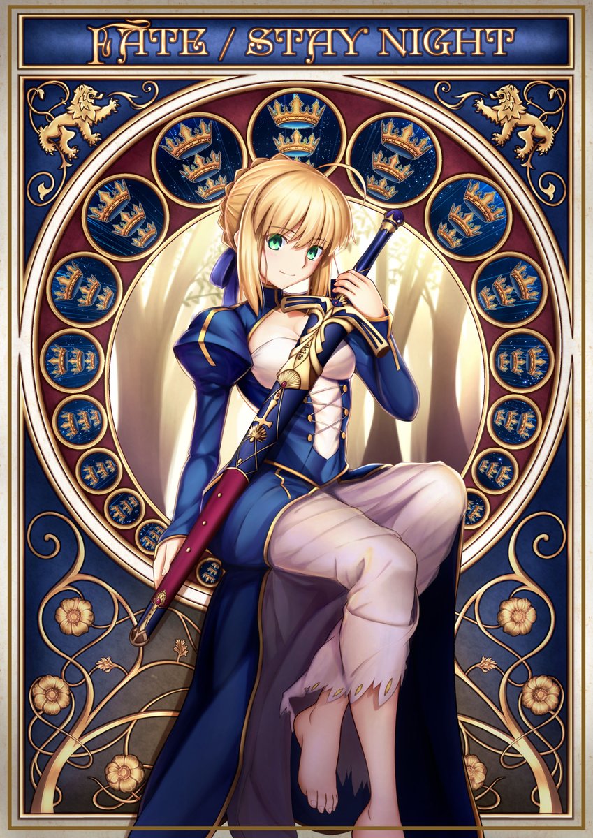 1girl, ahoge, artoria_pendragon_(fate), barefoot, blonde_hair, blouse, caliburn_(fate), commentary_request