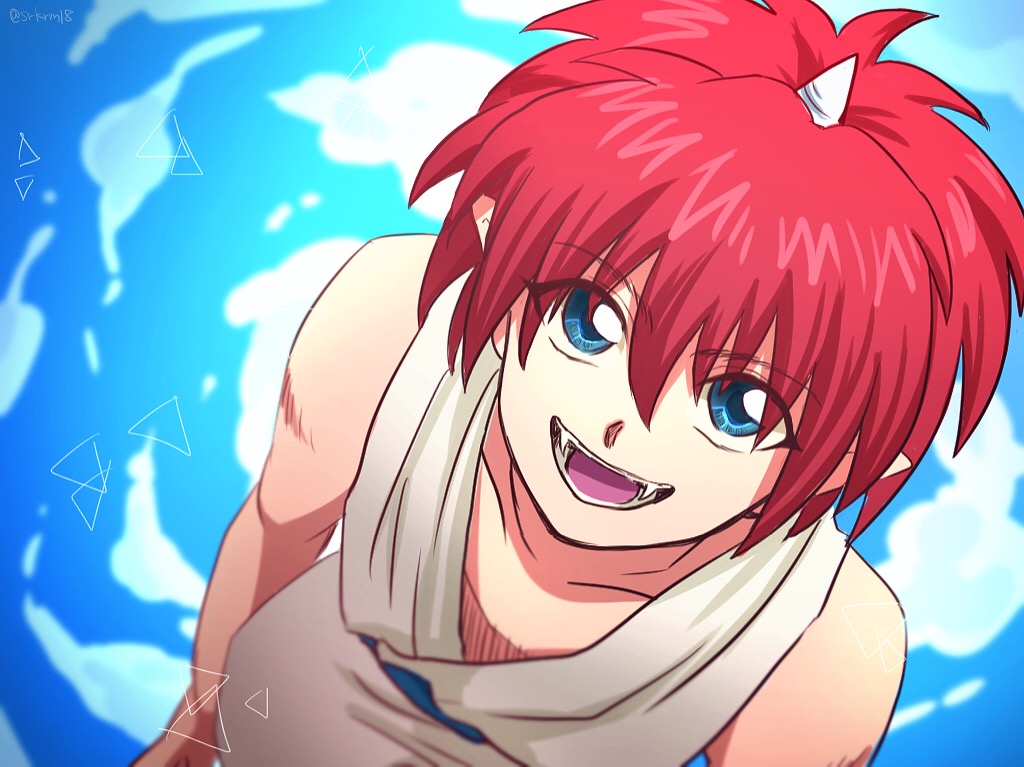 1boy, beni_(karen5915), blue_eyes, clouds, collarbone, commentary_request, eyebrows_visible_through_hair, fangs, hair_between_eyes, horns, jin_kaze_tsukai, looking_at_viewer, open_mouth, pointy_ears, redhead, shirt, short_hair, single_horn, sleeveless, sleeveless_shirt, solo, teeth, upper_body, yu_yu_hakusho