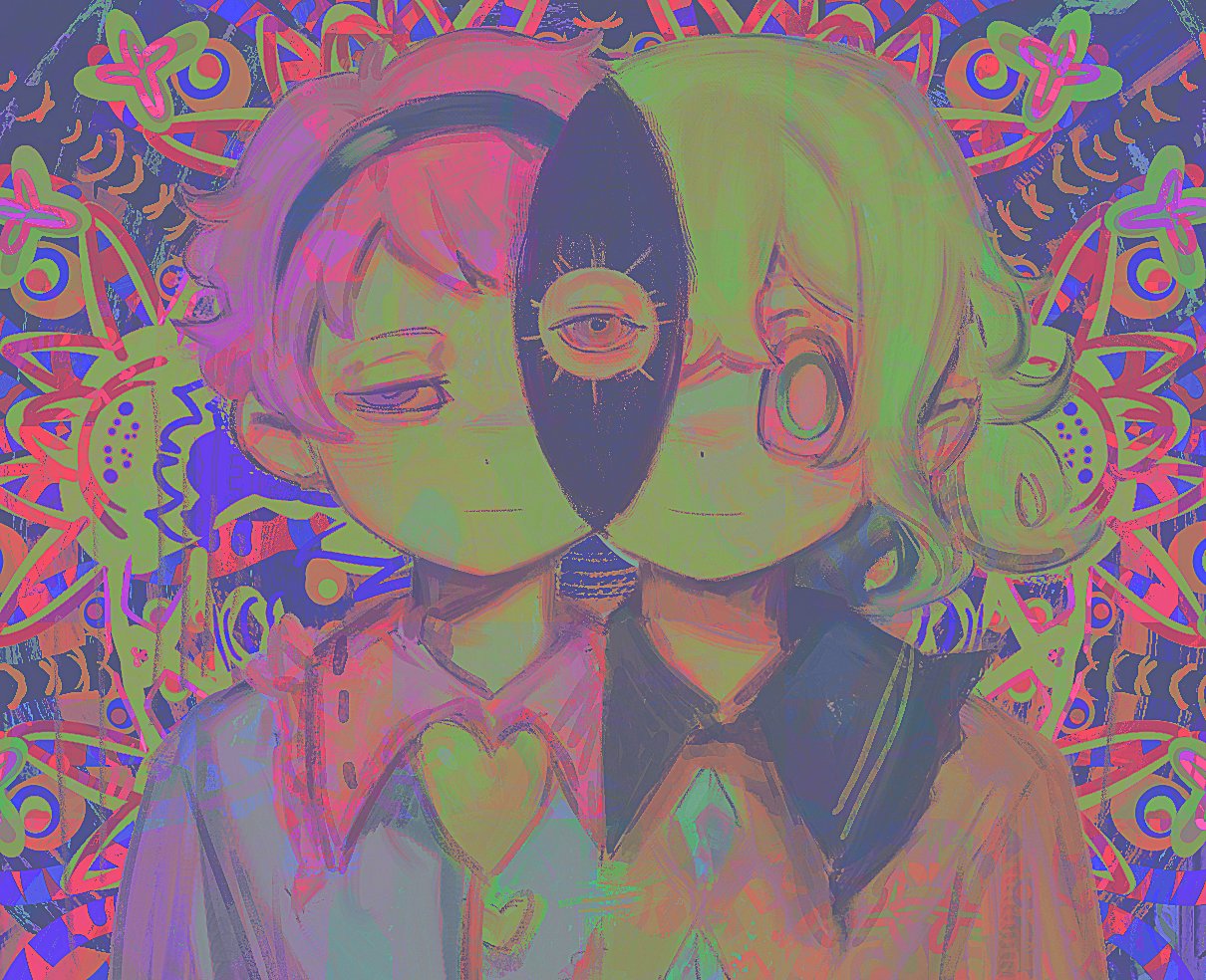 2girls, :|, abstract, bangs, black_headband, blouse, blue_shirt, buttons