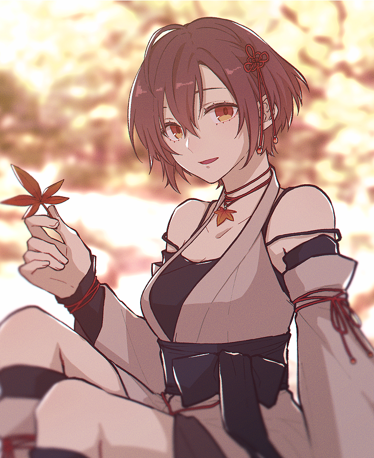 1girl, autumn, autumn_leaves, brown_eyes, brown_hair, detached_sleeves, holding, holding_leaf
