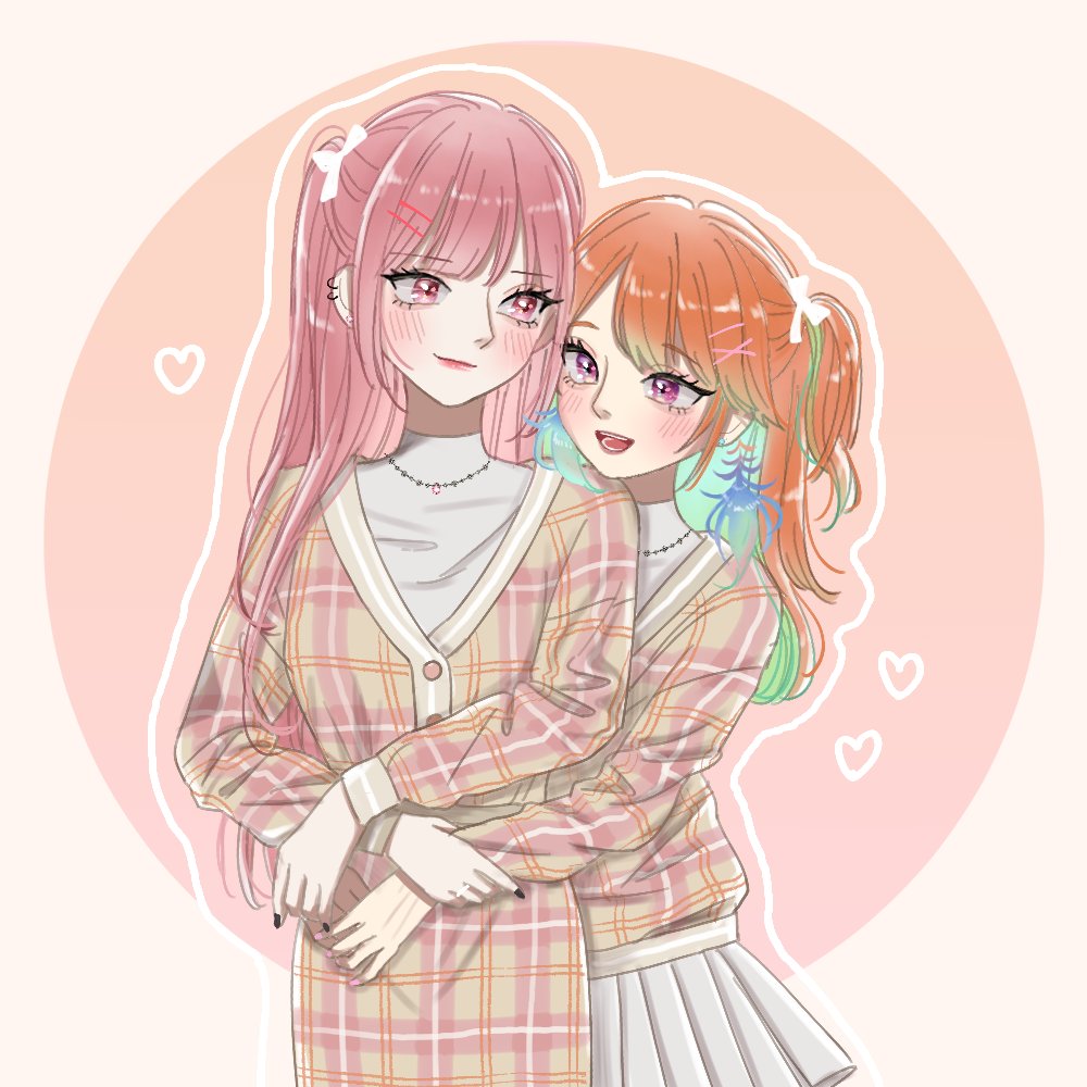 2girls, alternate_costume, alternate_hairstyle, couple, earrings, feather_earrings, feathers, grabbing