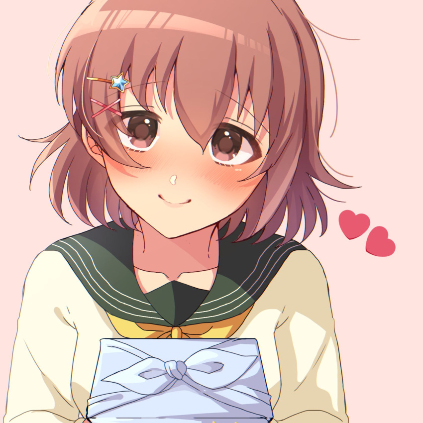 bangs, bento, blush, breasts, brown_eyes, brown_hair, close-up, collarbone
