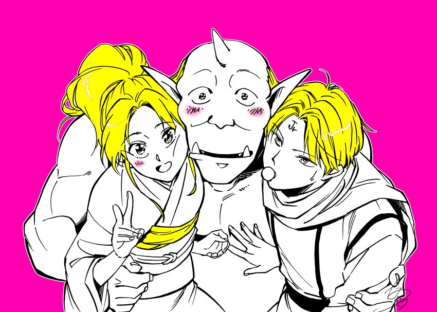 1girl, 2boys, absurdres, arm_around_waist, blush, botan_(yu_yu_hakusho), highres, horns