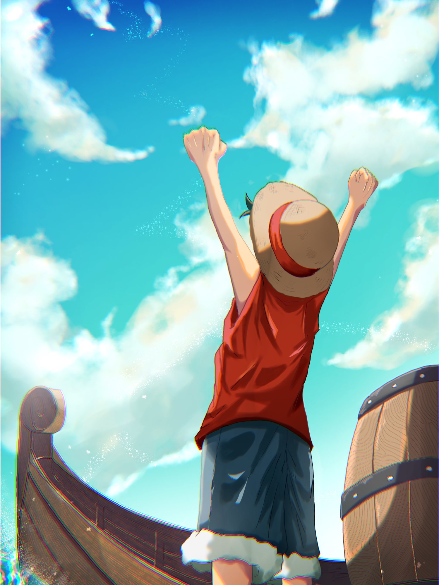 1boy, barrel, boat, clenched_hands, from_behind, from_below, hands_up, hat