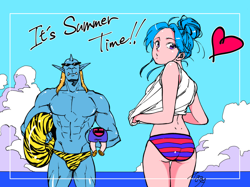 1girl, 2boys, alternate_hairstyle, animal_print, ass, bikini, blue_hair, blue_skin, botan_(yu_yu_hakusho), clouds, colored_skin, english_text, hair_bun, heart, highres, holding_person, innertube, jorge_saotome, koenma, lips, long_hair, looking_at_viewer, male_swimwear, multiple_boys, muscular, ocean, oni, pointy_ears, shirt, shivaharu, striped, striped_bikini, sunglasses, swim_briefs, swim_trunks, swimsuit, tiger_print, topless_male, violet_eyes, water, white_shirt, yu_yu_hakusho