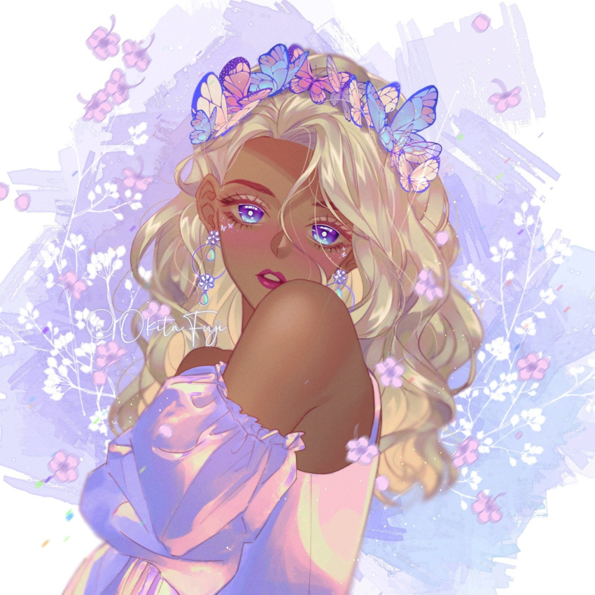 1girl, bare_shoulders, blonde_hair, blue_eyes, blush, bug, butterfly, butterfly_hair_ornament