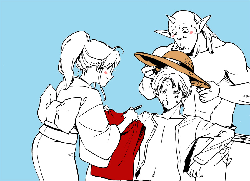 absurdres, blue_background, blush, botan_(yu_yu_hakusho), bow, cosplay, fangs, hat, highres, holding, holding_clothes, holding_hat, horns, jorge_saotome, koenma, long_sleeves, monkey_d._luffy, monkey_d._luffy_(cosplay), muscular, obi, one_piece, oni, open_clothes, open_shirt, pacifier, pectorals, pointy_ears, red_vest, sash, scar, shivaharu, sidelocks, single_horn, sitting, smile, standing, straw_hat, sweatdrop, topless_male, upper_body, vest, voice_actor_connection, yu_yu_hakusho