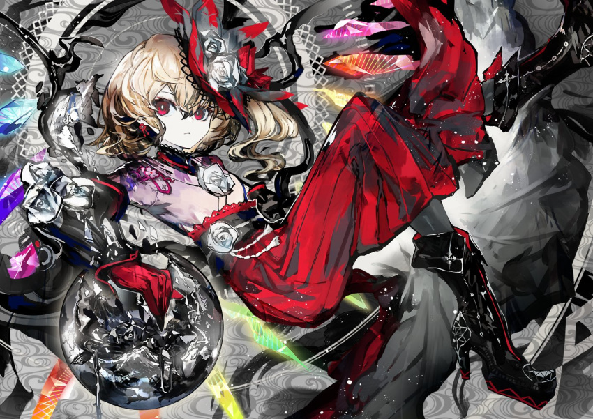 1girl, abstract_background, alternate_costume, bangs, bicorne, black_legwear, black_sash, blonde_hair