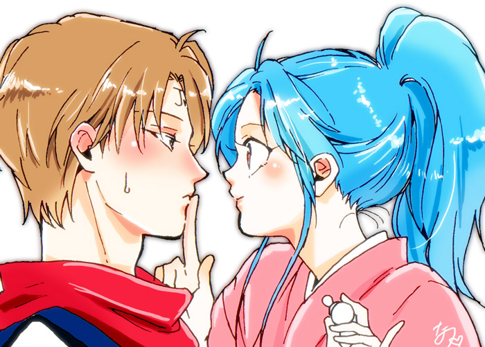 1boy, 1girl, blush, botan_(yu_yu_hakusho), couple, eye_contact, facial_mark, finger_to_another's_mouth
